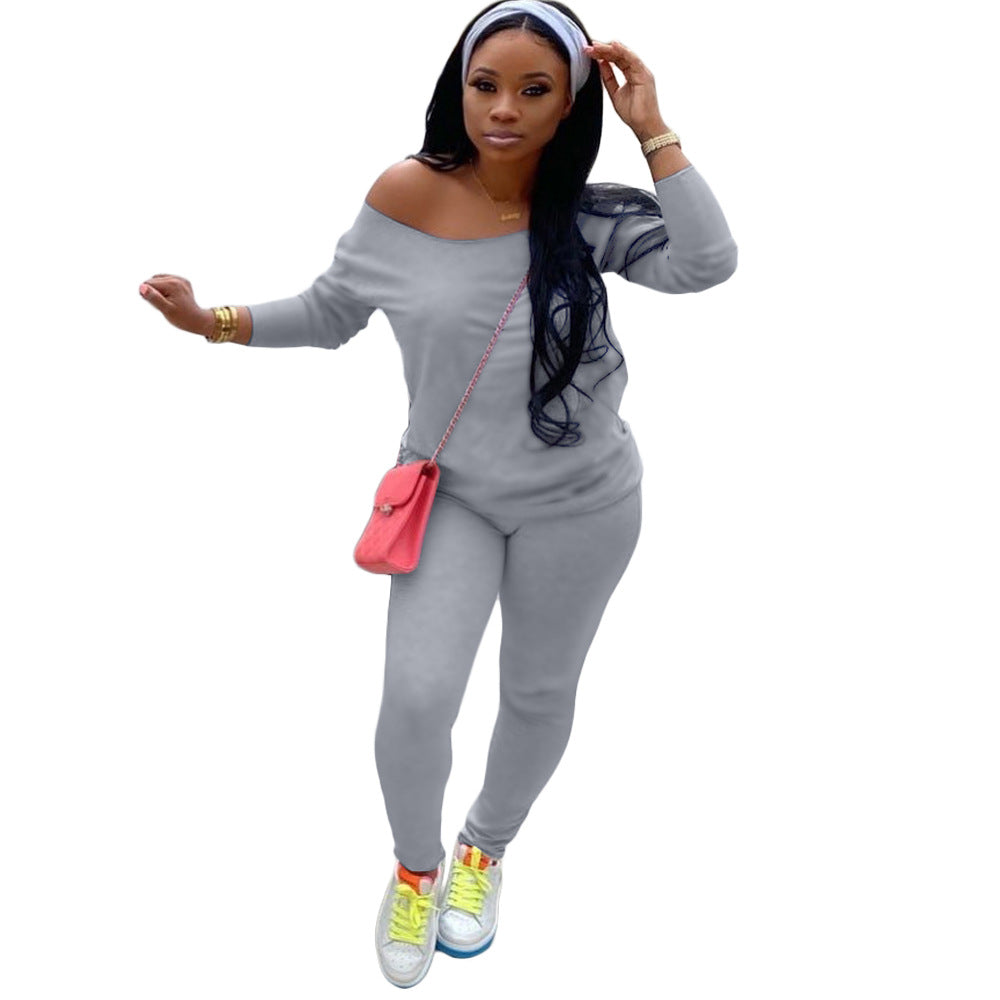 Conjunto deportivo básico de moda para mujer, color liso, manga larga, informal, top y pantalón sin pañuelo