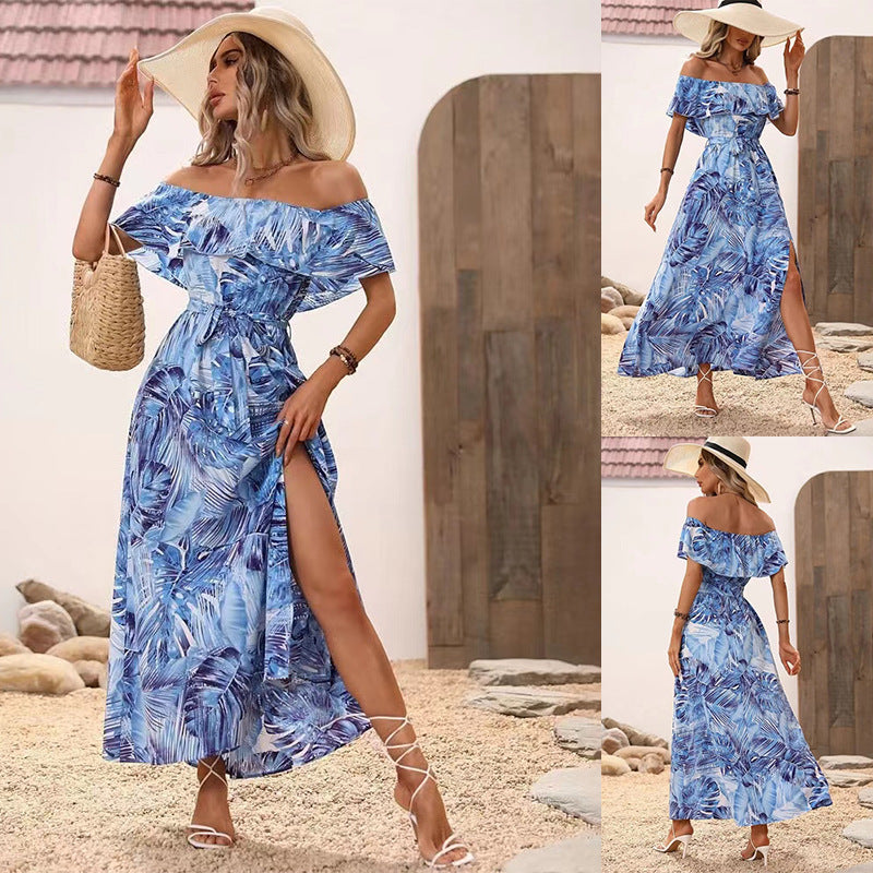 Vestido largo informal de playa con cuello barco y volantes con estampado floral para mujer