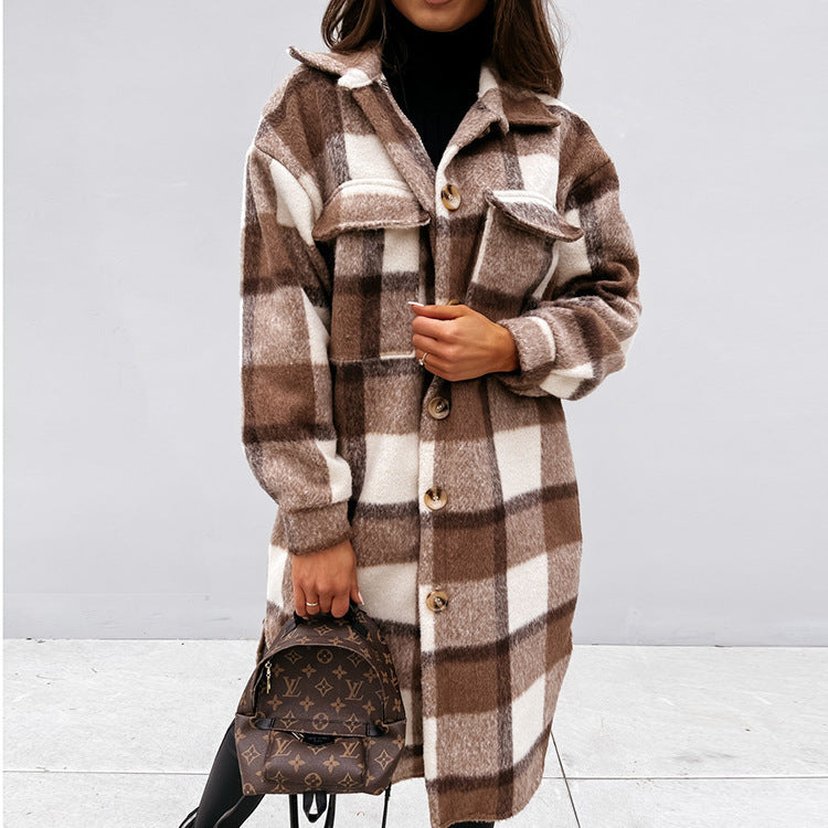Abrigo de invierno para mujer, de manga larga, con solapa abotonada, informal, cálido, a cuadros, tipo chaqueta