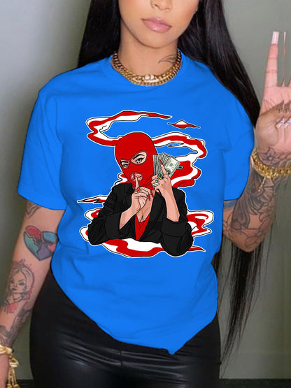 Camiseta informal holgada de talla grande para mujer, cuello redondo, manga corta, capucha, estampado gráfico "Toma dinero" para hombre