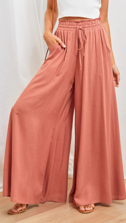Women Solid Color High Waist Elastic Casual Wide Leg Pants