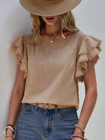 Blusas casuales de color sólido con cuello redondo y volantes para mujer