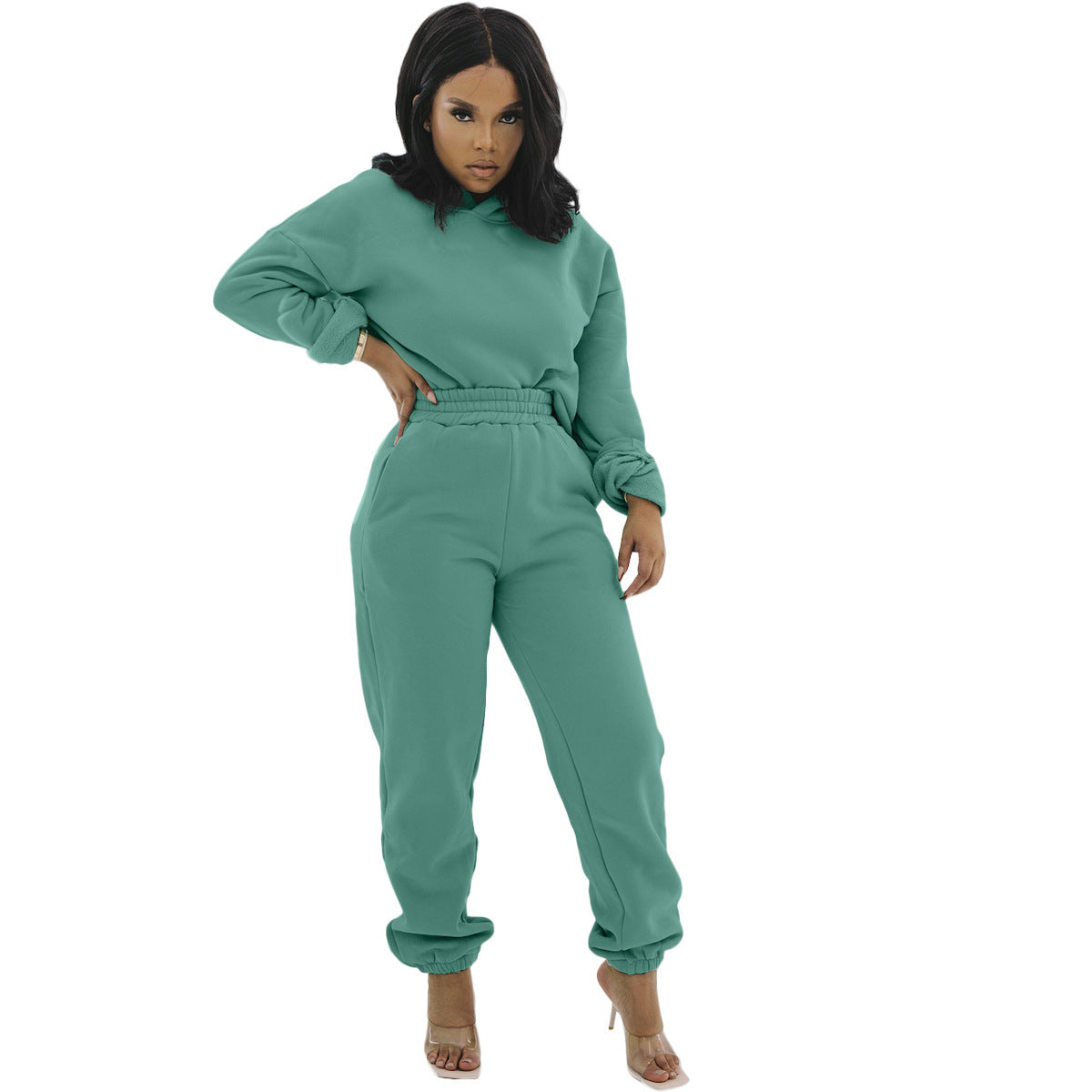 Conjunto deportivo informal de sudadera con capucha y pantalones de chándal de manga larga de color liso para mujer
