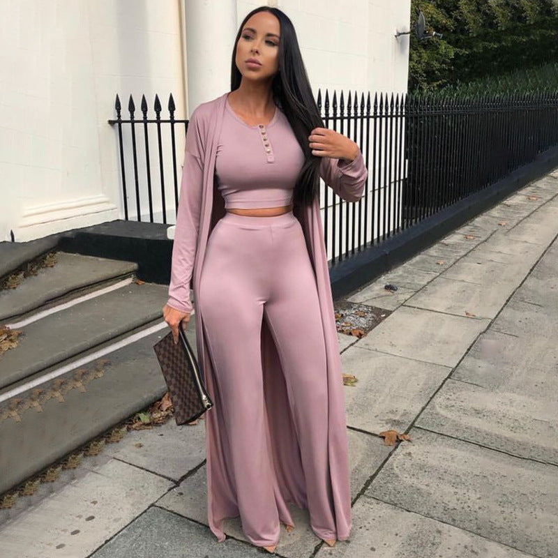 Conjunto casual de tres piezas con top y pantalón de color liso para mujer