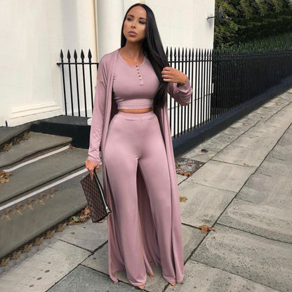 Conjunto casual de tres piezas con top y pantalón de color liso para mujer