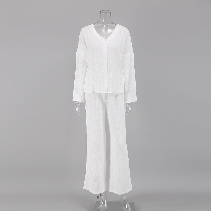 Conjunto de pijama de dos piezas para mujer, informal, holgado, de algodón, color liso, blusa y pantalones para el hogar
