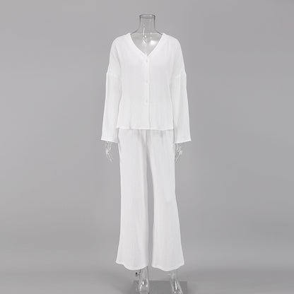 Conjunto de pijama de dos piezas para mujer, informal, holgado, de algodón, color liso, blusa y pantalones para el hogar