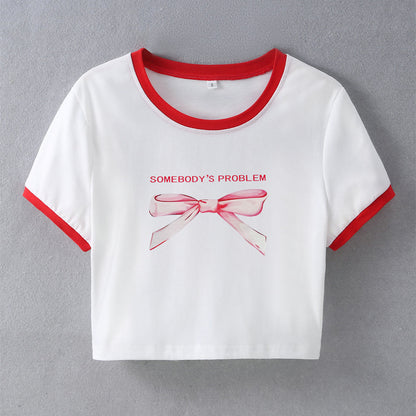 Camiseta corta de manga corta con cuello redondo y estampado de lazo informal de verano para mujer