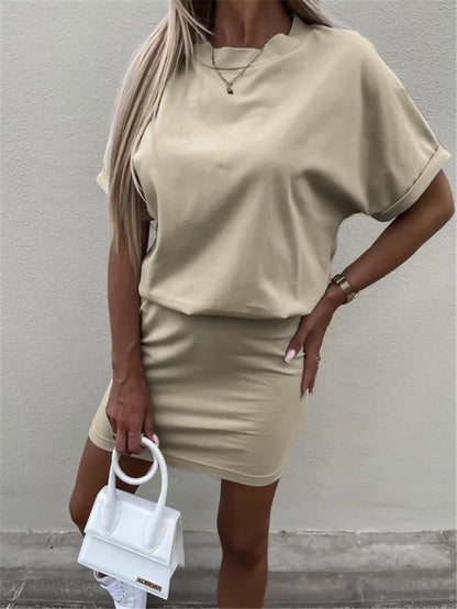 Fashion Summer Women Casual Solid Color Defined Waist Dress