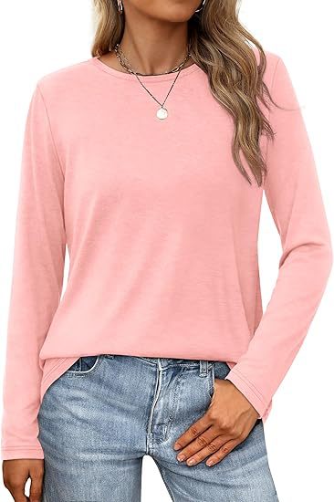 Camiseta informal de verano para mujer, color liso, cuello redondo, manga larga, en blanco