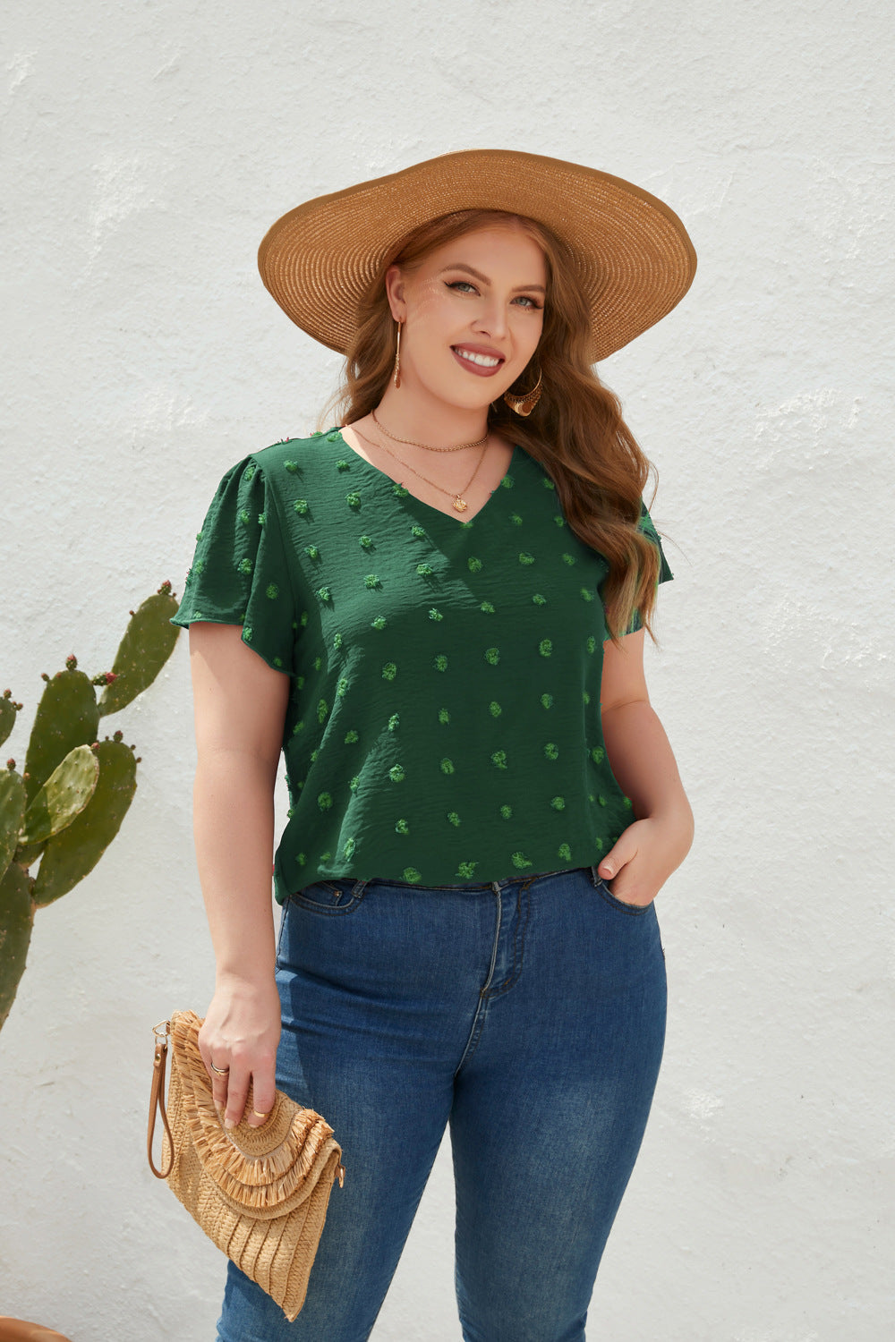 Women Casual Loose Plus Size Solid Color V-Neck Fur Ball Short-Sleeved T-Shirt