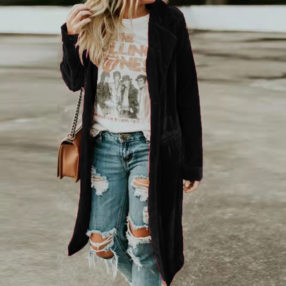 Women Office Casual Basic Solid Color Long Sleeve Lapel Velvet Windbreaker