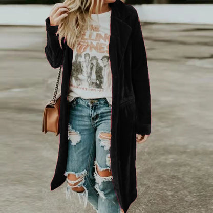 Women Office Casual Basic Solid Color Long Sleeve Lapel Velvet Windbreaker