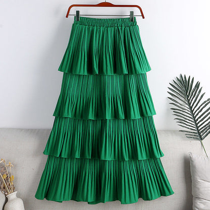 Women Fashion Casual Solid Color Ruffle Chiffon High Waist Skirt