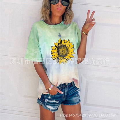Camiseta informal holgada con cuello redondo y estampado degradado tie-dye para mujer