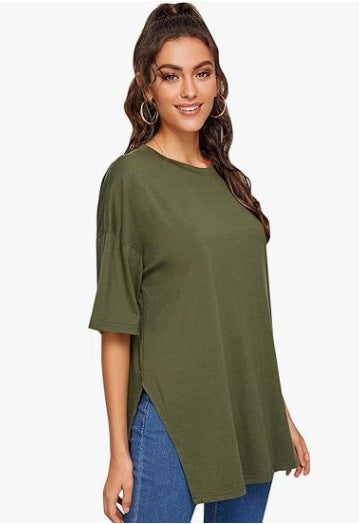 Summer Women Casual Solid Color Round Neck Short Sleeve Split T-Shirt