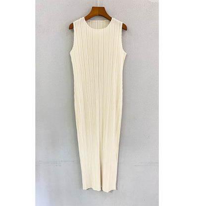 Vestido largo minimalista informal de color liso, suave, sin mangas, con cuello redondo y pliegues para mujer