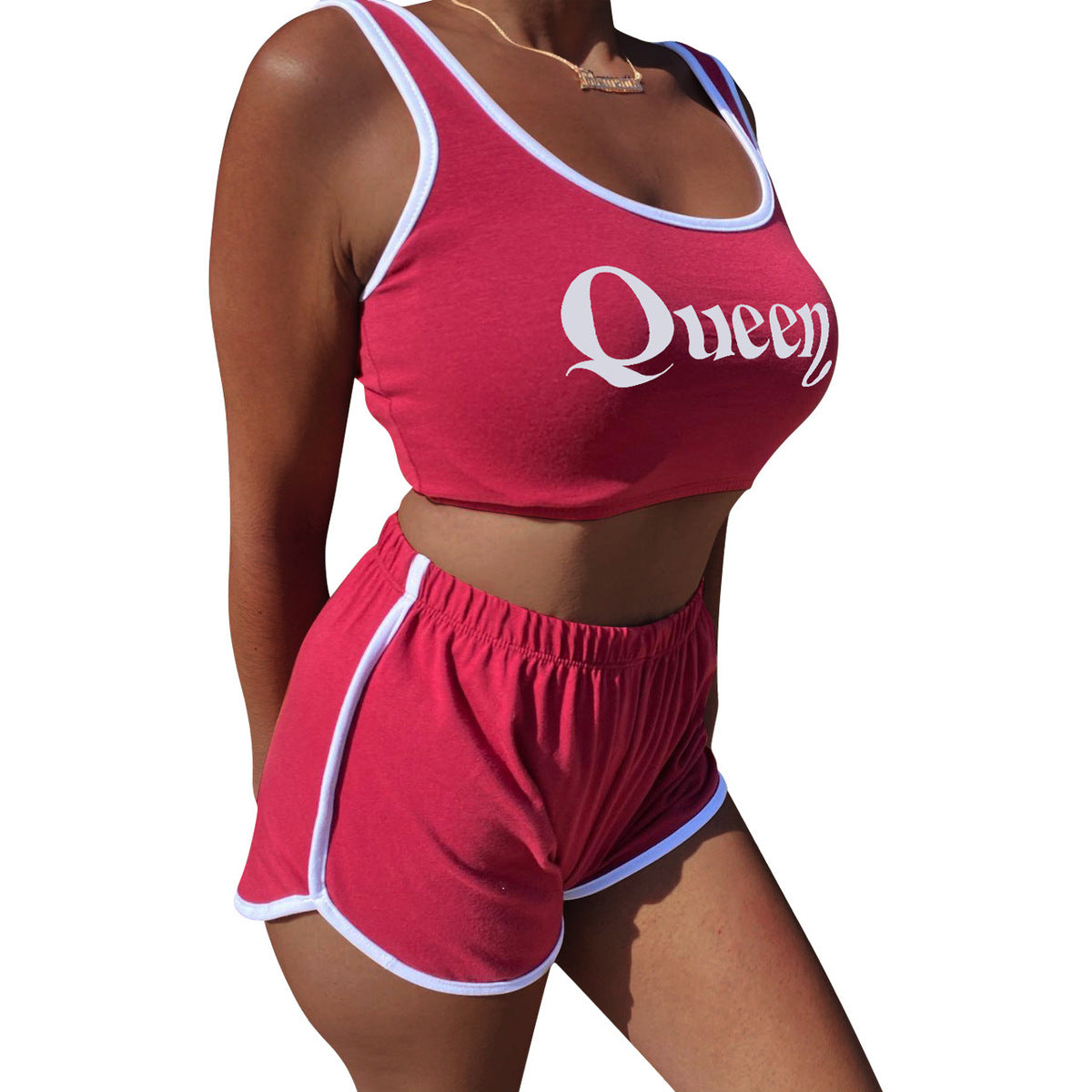 Women Casual Solid Color Letter Printed Tank Top Tight Shorts Sports Two-Piece Set