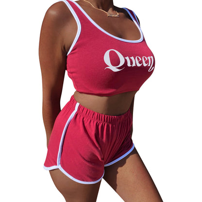 Women Casual Solid Color Letter Printed Tank Top Tight Shorts Sports Two-Piece Set