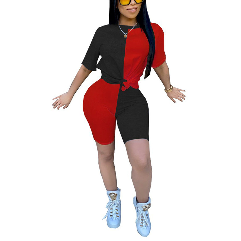 Women 2 Piece Outfits Casual Color Stitching Short Sleeve T-Shirt Tops Shorts Set