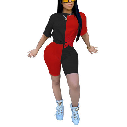 Women 2 Piece Outfits Casual Color Stitching Short Sleeve T-Shirt Tops Shorts Set