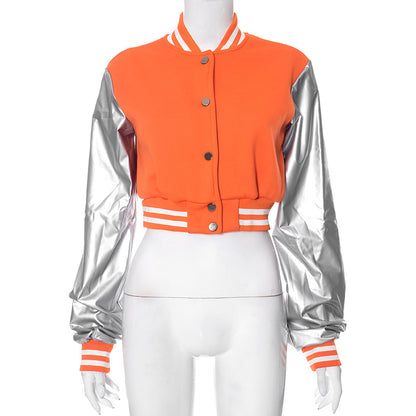 Abrigo de béisbol informal de color liso con cierre a presión y manga larga con costuras de PU para mujer