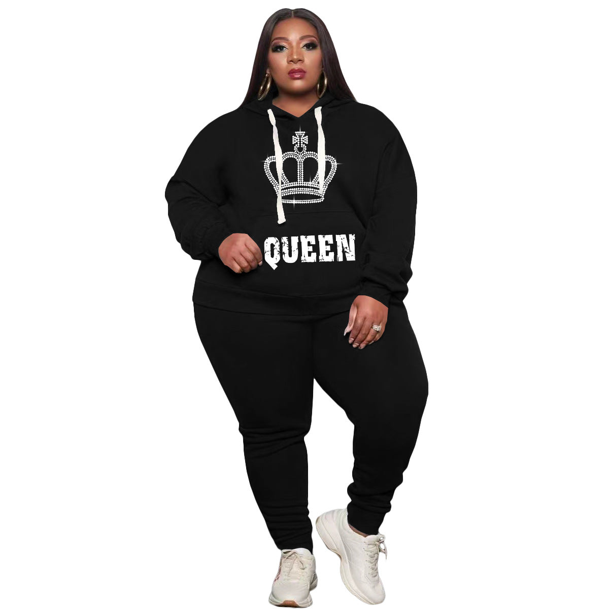 Conjunto de dos piezas deportivo informal de talla grande para mujer, de manga larga, con estampado de letras Queen y pantalones de color liso con diamantes de imitación