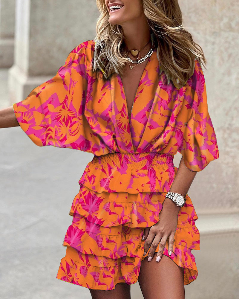 Vestido informal de vacaciones para mujer, con estampado de bloques de color, escote en V, mangas cortas, cintura definida y volantes