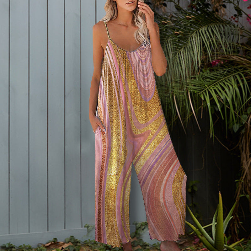 Women Fashion Casual Tie-Dyed V-Neck Spaghetti Strap Wide Leg Jumpsuits