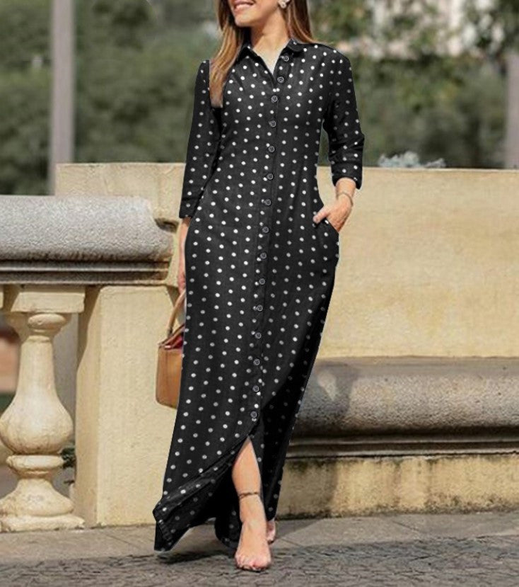 Women Casual Polka Dot Long Sleeve Lapel Collar Button Long Dress