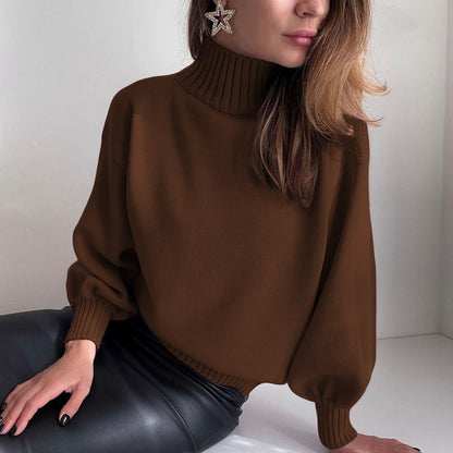 Suéter de punto con mangas abullonadas y cuello alto de color liso informal de invierno para mujer
