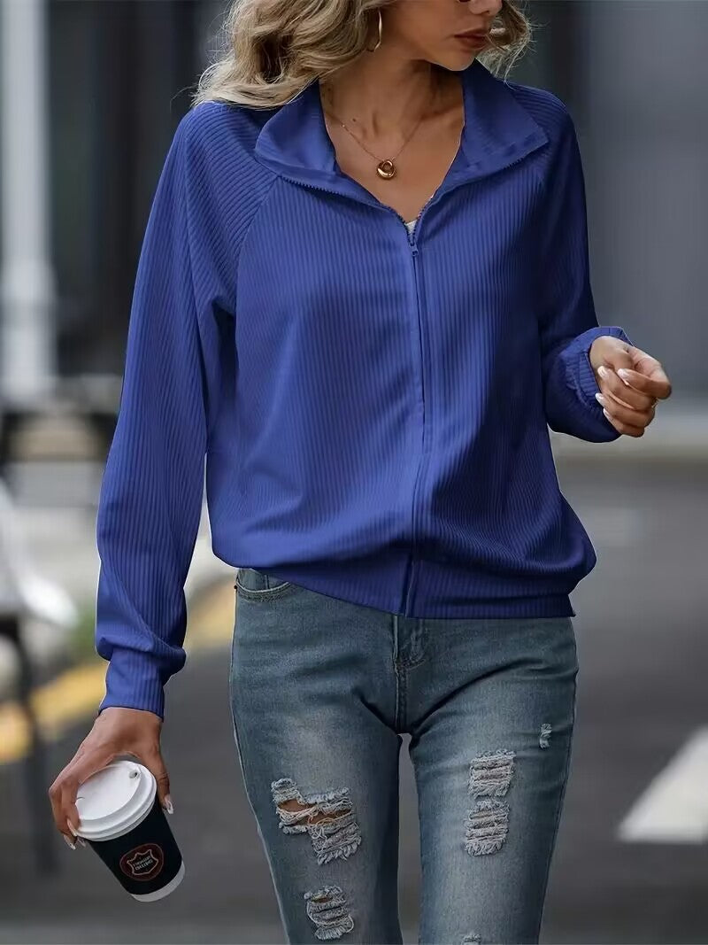 Chaqueta informal de manga larga con cremallera y color liso para mujer