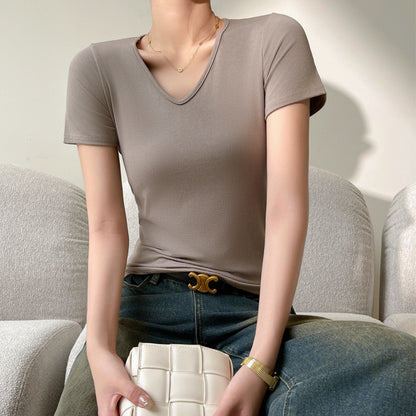 Camiseta básica de verano para mujer, informal, de color liso, con cuello en V y manga corta