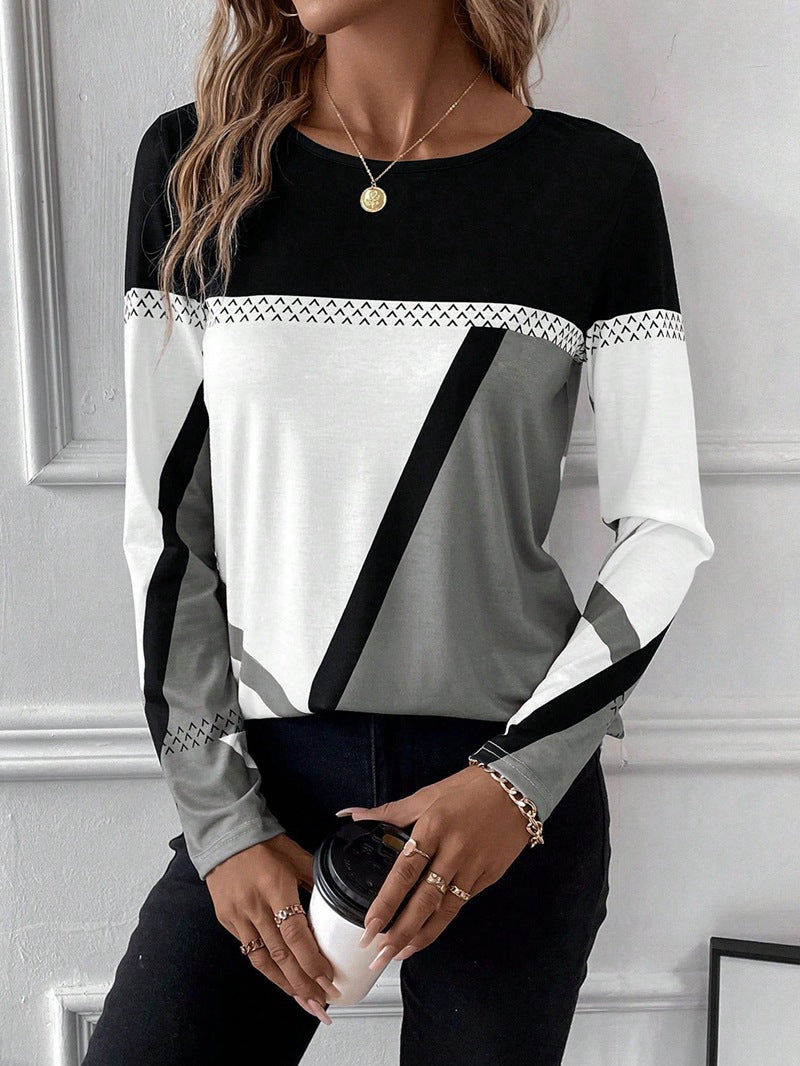 Women Fashion Casual Geometric Print Round Neck Long Sleeve T-Shirt