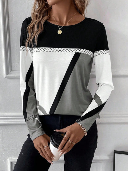 Women Fashion Casual Geometric Print Round Neck Long Sleeve T-Shirt
