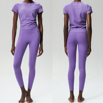 Conjunto de dos piezas para mujer, camiseta de manga corta con cuello redondo, pantalones deportivos ajustados para correr