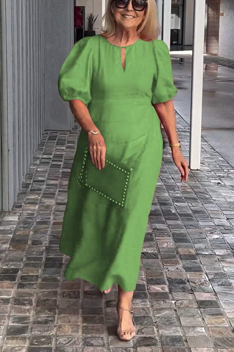 Plus Size Women Summer Solid Color Casual Crewneck Puff Sleeve Maxi Dress