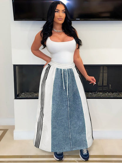 Women Fashion Casual Stripe A- Line Loose Denim Skirt