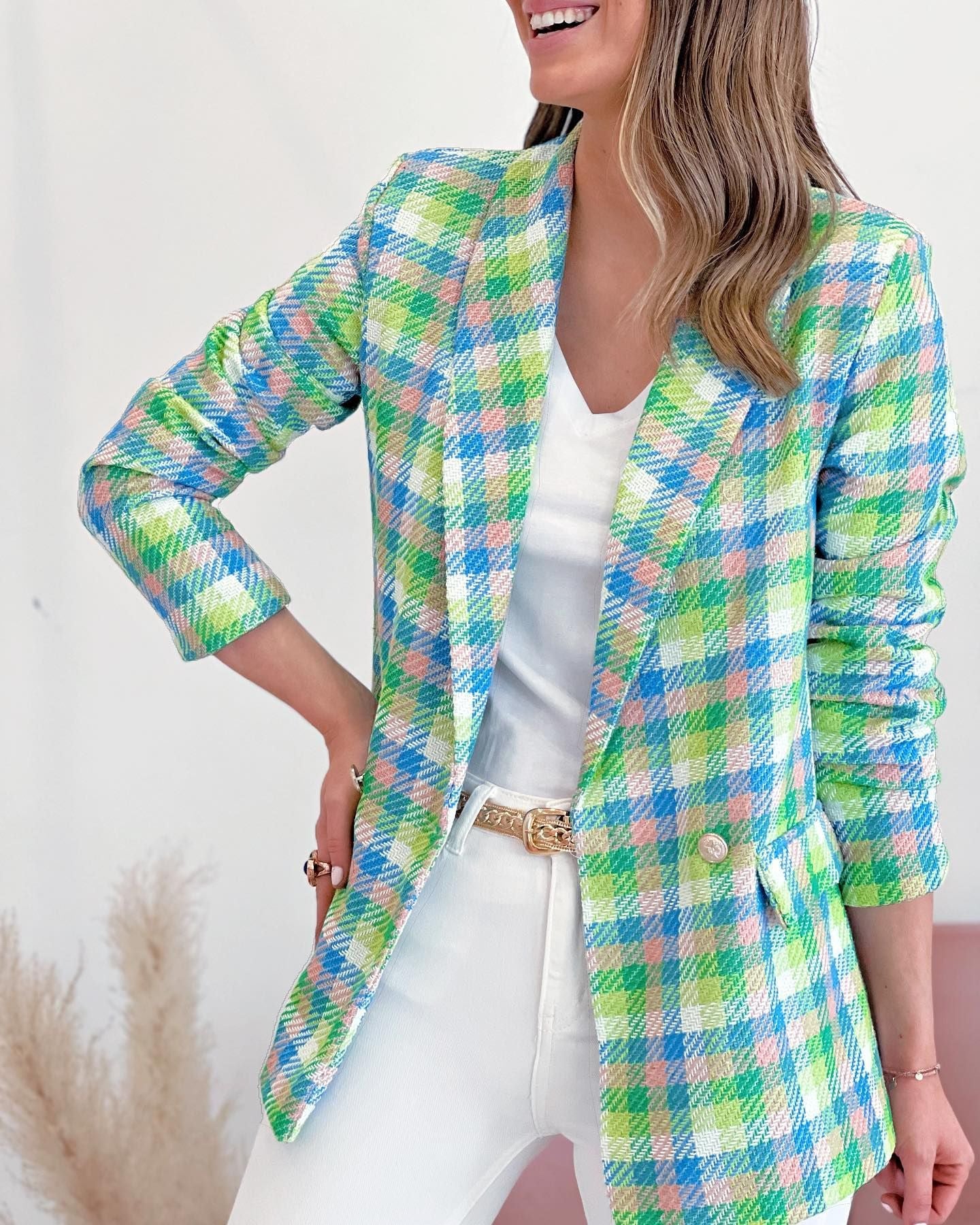 Chaqueta blazer cruzada con estampado a cuadros de manga larga informal para mujer