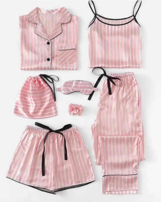 Conjunto de pijama fino de siete piezas con estampado de rayas informal sencillo para mujer
