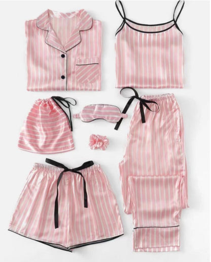 Conjunto de pijama fino de siete piezas con estampado de rayas informal sencillo para mujer