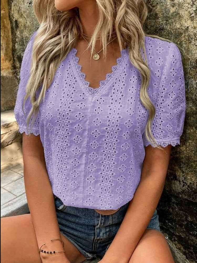 Blusa informal de verano para mujer, color liso, manga corta, hueca