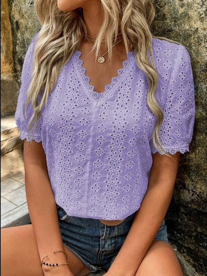 Blusa informal de verano para mujer, color liso, manga corta, hueca