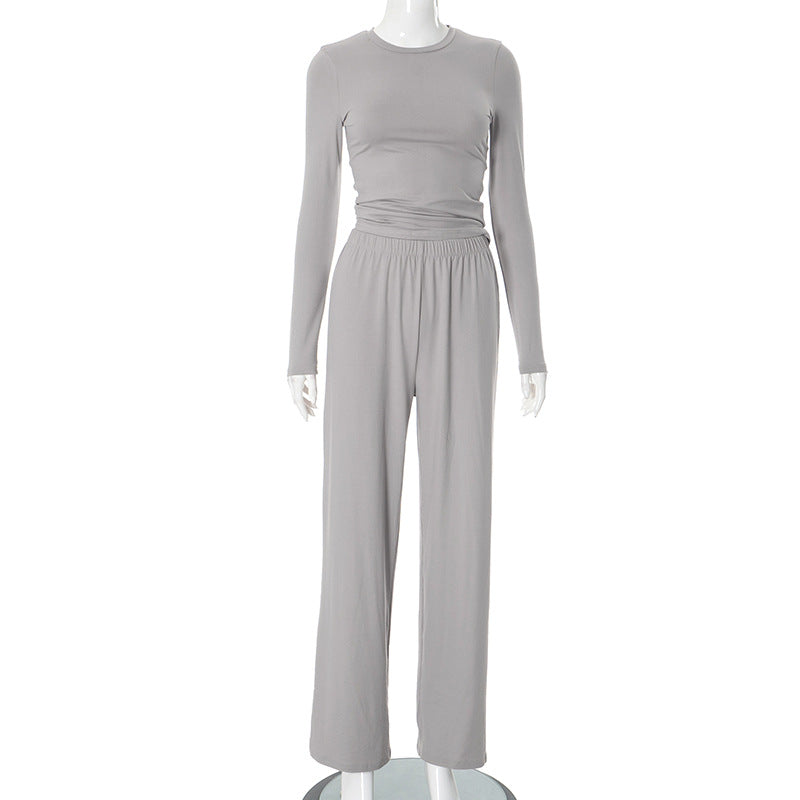 Conjunto de dos piezas para mujer, informal, básico, de color liso, con top de manga larga y pantalones anchos