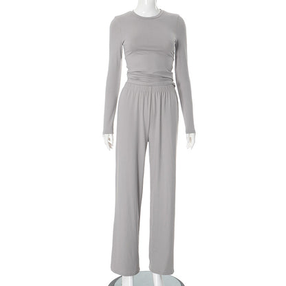 Conjunto de dos piezas para mujer, informal, básico, de color liso, con top de manga larga y pantalones anchos