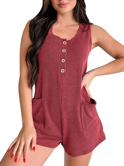 Women Fashion Casual Contrast Stripe U-Neck Sleeveless Pockets Rompers