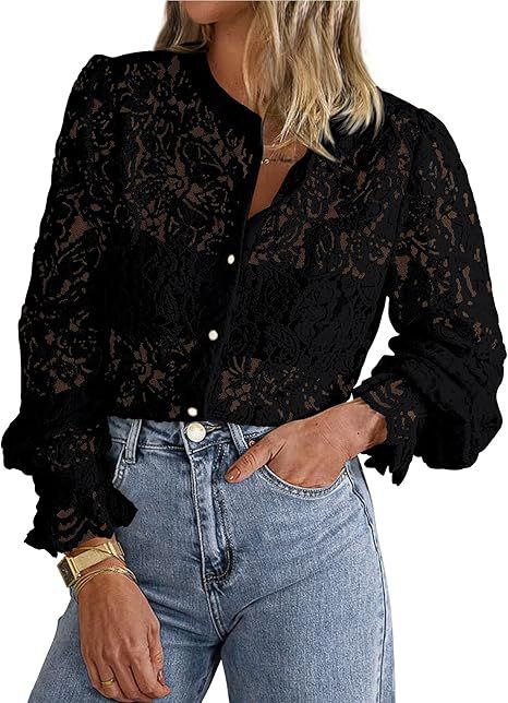 Women Fashion Casual Lace Shirt Long Sleeve Button Solid Color Blouse