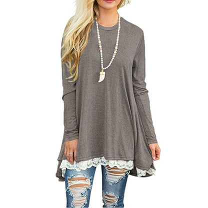 Vestido informal de manga larga con encaje de color liso para mujer