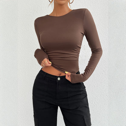 Camiseta informal de manga larga con cuello redondo y espalda descubierta para mujer