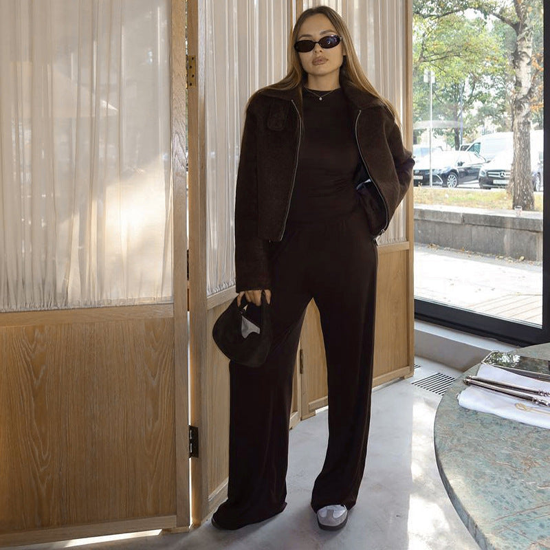 Women Fashion Casual Solid Color Round Neck Long Sleeve Top Wide Leg Pants Two-Piece Set